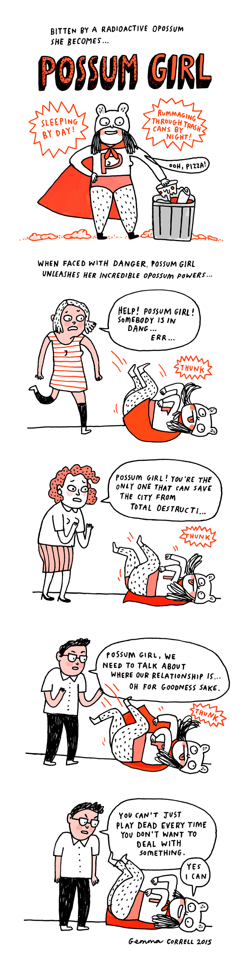 Illustration for article titled Gemma Correll draws our first Comics Week loser superhero: Possum Girl
